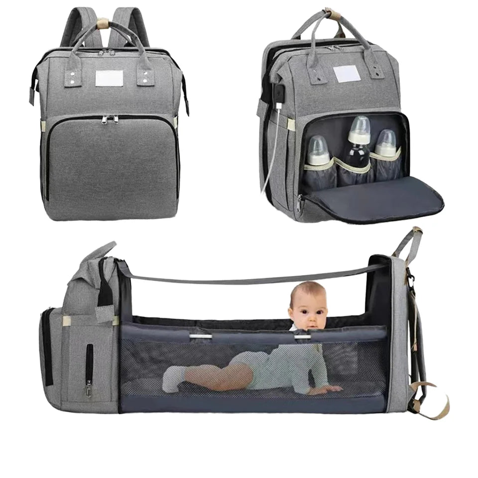 High Quality Custom Mummy Backpack Diaper Bag With Bed Cradle Changing Station Factory Wholesale OEM ODM Polyester PU Material-0